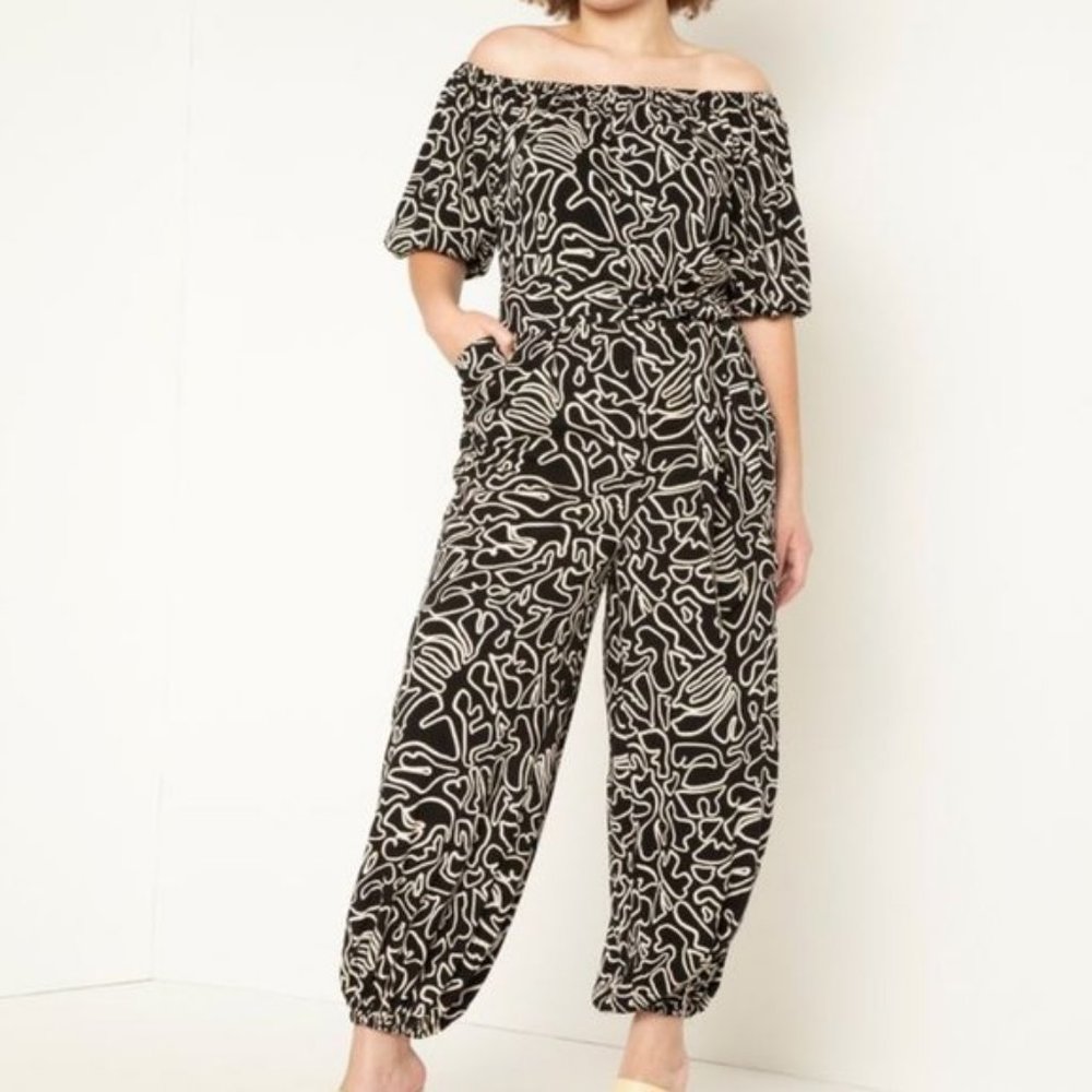 Eloquii Printed Wide Leg Off Shoulder Jumpsuit 16
